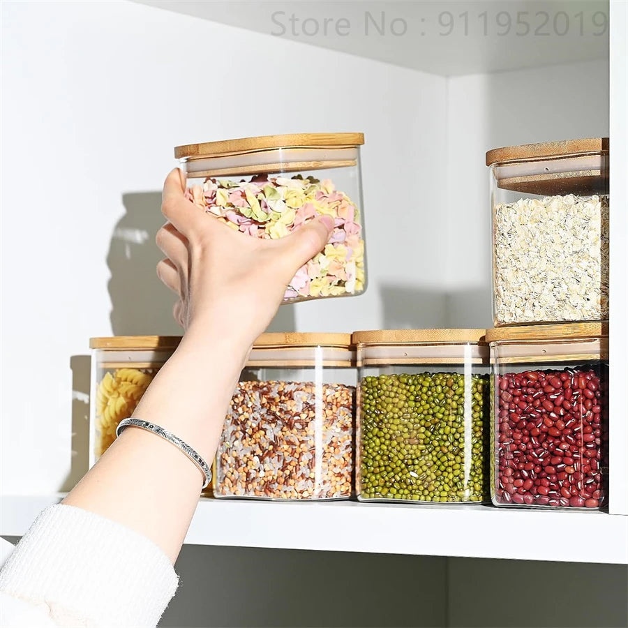 Glass Food Storage Jars with Bamboo Lids & Stackable Glass Pantry Food Canisters