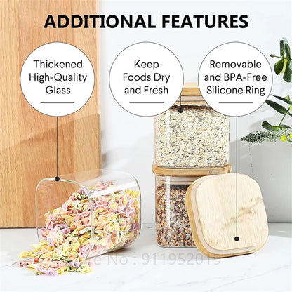 Glass Food Storage Jars with Bamboo Lids & Stackable Glass Pantry Food Canisters