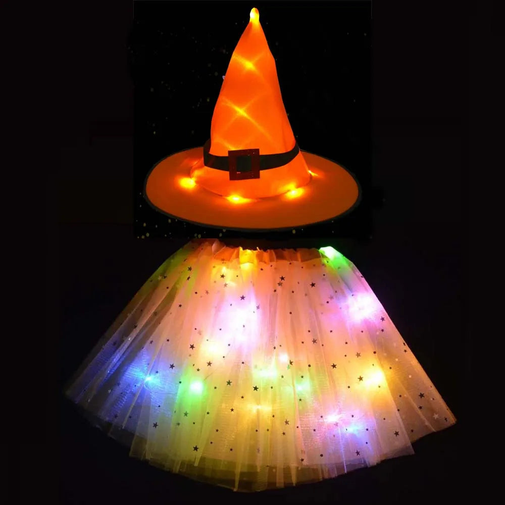 LED Girl Wizard Witch Spider Web Tutu Skirt Cobweb Hat Props Glow Party Birthday Costumes Bat Cloak Halloween Festival Christmas