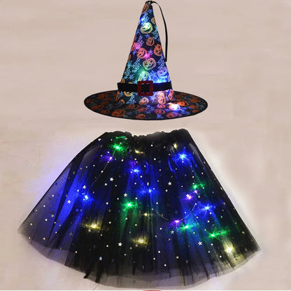 LED Girl Wizard Witch Spider Web Tutu Skirt Cobweb Hat Props Glow Party Birthday Costumes Bat Cloak Halloween Festival Christmas