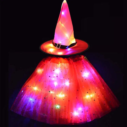 LED Girl Wizard Witch Spider Web Tutu Skirt Cobweb Hat Props Glow Party Birthday Costumes Bat Cloak Halloween Festival Christmas