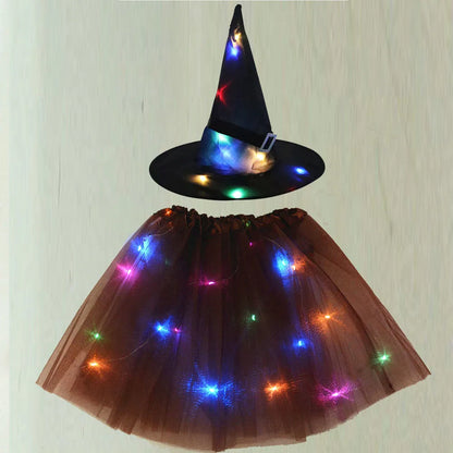 LED Girl Wizard Witch Spider Web Tutu Skirt Cobweb Hat Props Glow Party Birthday Costumes Bat Cloak Halloween Festival Christmas