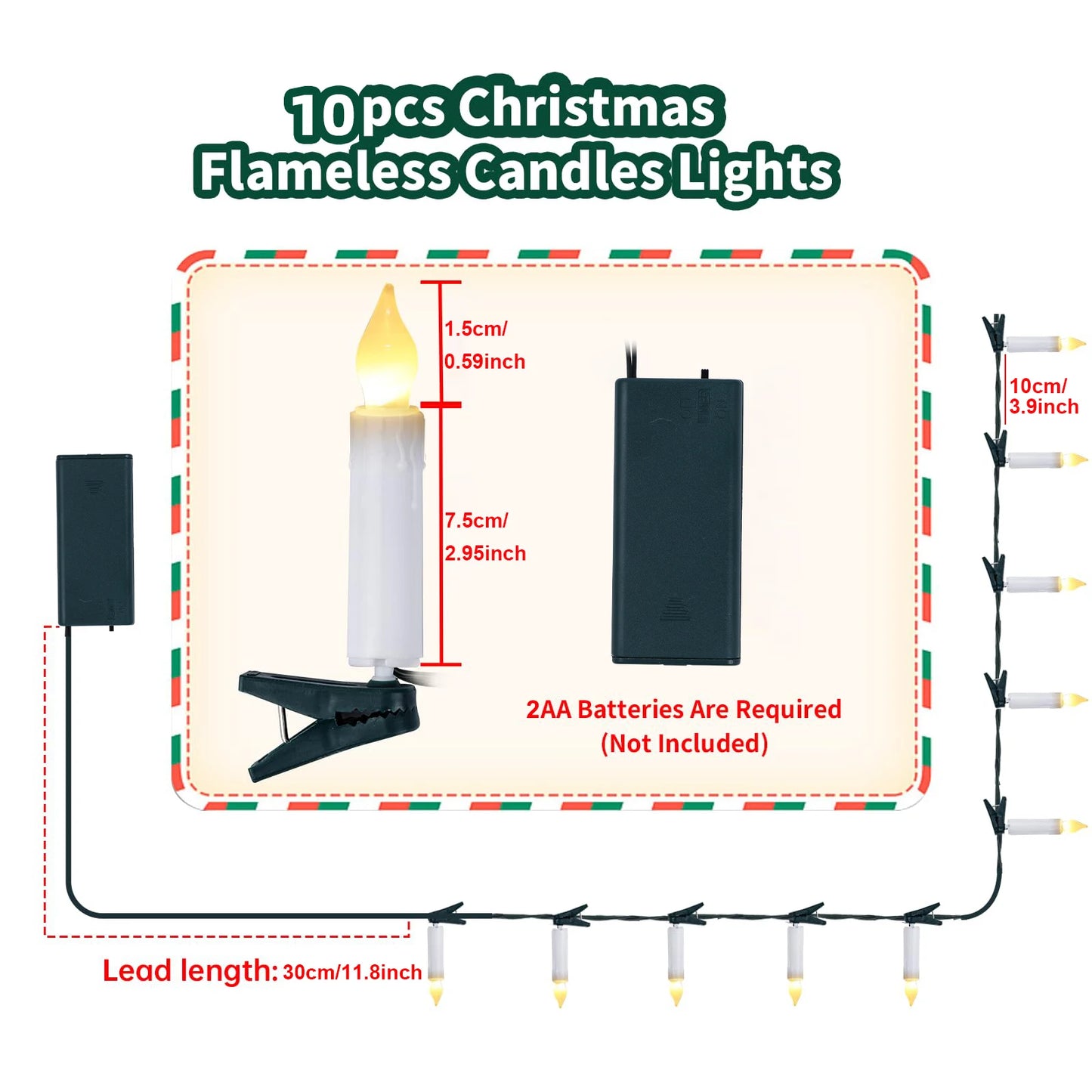 Christmas Candle String Lights 10 / 20/ 30 LED for Indoor and Outdoor Flameless Candle Lights with Clips for Xmas Tree Holiday