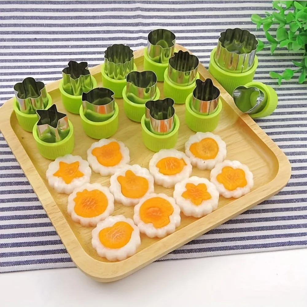 12pcs/set Vegetable Cutter Shapes Stainless Steel Cookie Cutters Fruit Stamps Cake Decorating Molds Salad Making Kitchen Tools