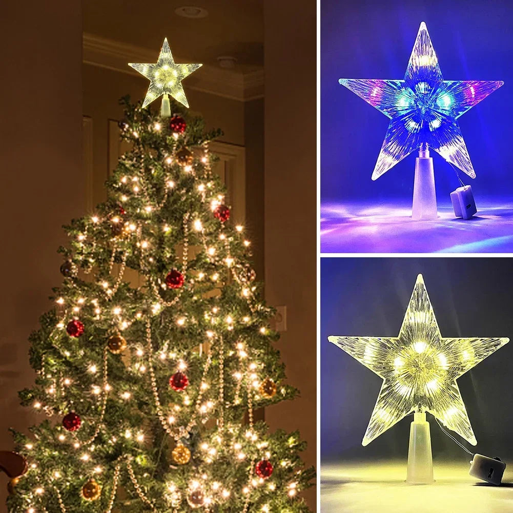 Glowing Christmas 15cm Tree Topper Xmas Tree Transparent Five-pointed Star Ornament Star Topper with LED Light for Home Decor