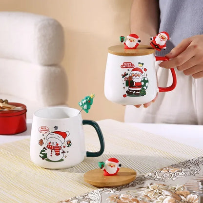 Souvenir Cute Christmas Gift Ceramic Mug with Lid and Spoon - High-value Santa Claus and Reindeer Pattern Coffee Mug