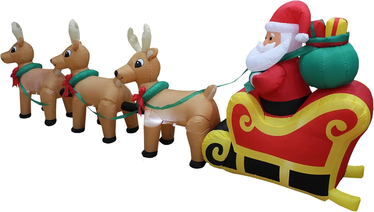 12 Foot Long Lighted Christmas Inflatable Santa Claus on Sleigh with 3 Reindeer Lights Decor Outdoor Indoor Holiday Decorations