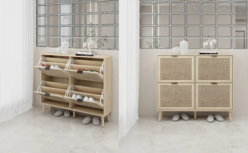 Rattan Shoe Cabinet with 4 Flip Drawers