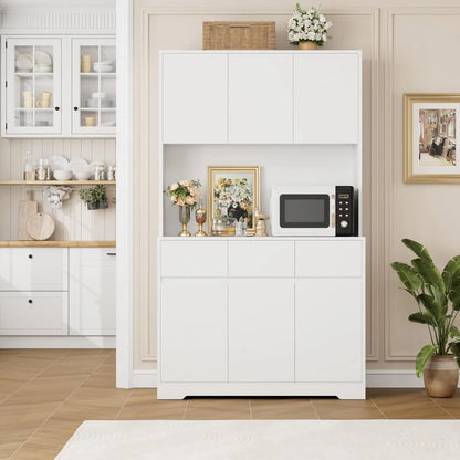 71'' Tall Kitchen Pantry Storage Cabinet with Power Outlets and Led Lights, Large Kitchen Hutch Buffet Cabinet W/ Stand