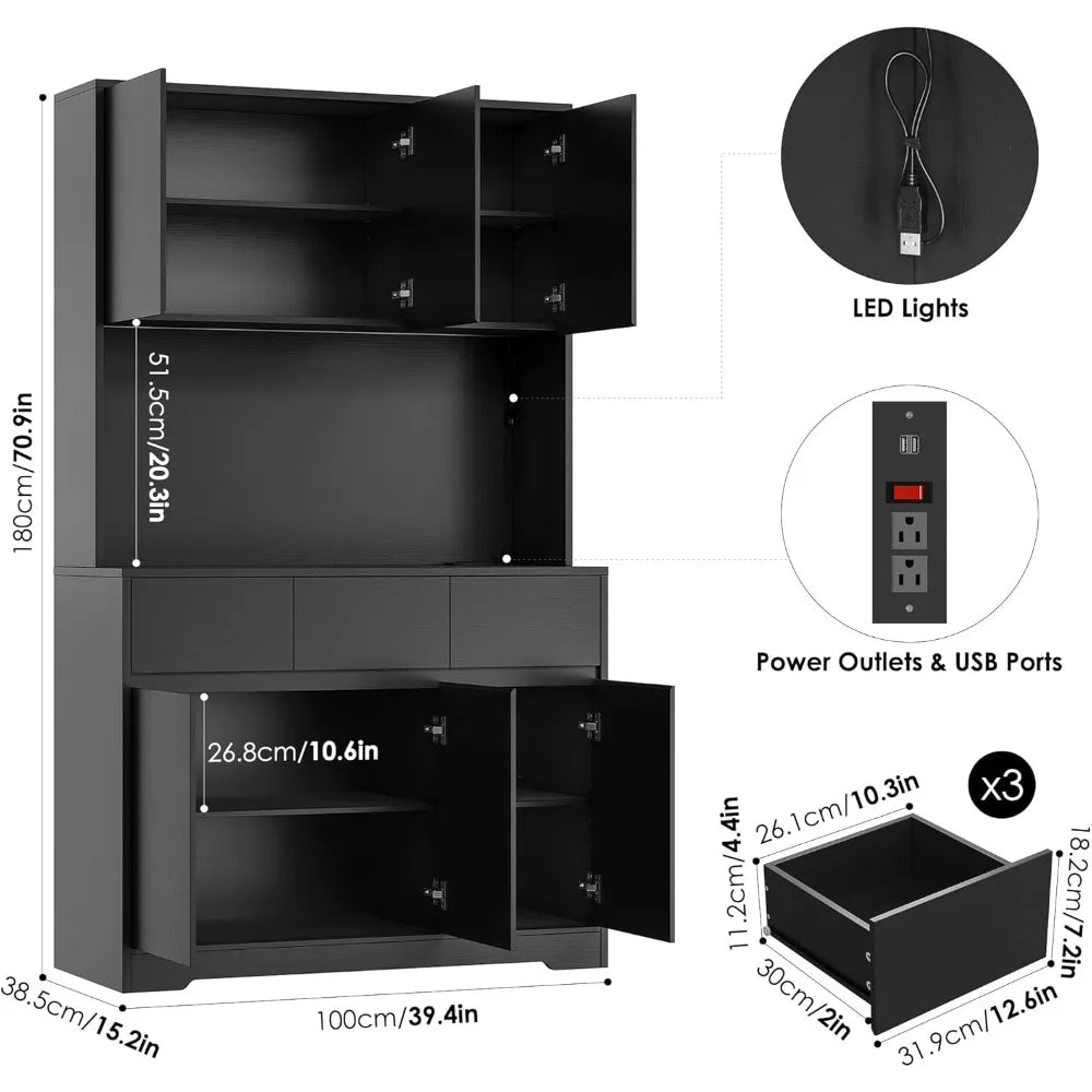 71'' Tall Kitchen Pantry Storage Cabinet with Power Outlets and Led Lights, Large Kitchen Hutch Buffet Cabinet W/ Stand