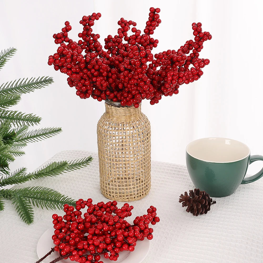 Artificial Red Berry Flowers Bouquet Fake Plant for Home Vase Decor Xmas Tree Ornaments New Year 2024 Party Christmas Decoration