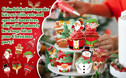 128PCS Christmas Cupcake Toppers Wrappers Santa Claus Snowman Reindeer Gingerbread Cake Decoration for Xmas Party  Baking Tools