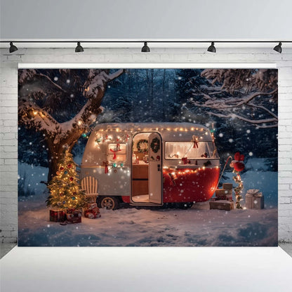 Winter Christmas Snowy Car Background Camping Forest Xmas Trees Gifts Wedding Decor Kids Family Portrait Backdrop Photo Studio