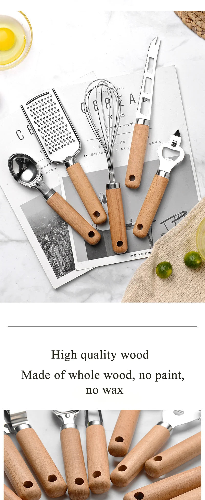 Kitchen gadget set of 9 pieces With Wooden Handle Can Opener Baking Set Cooking Tool Kitchenware Pizza Peeler Cheese Knife