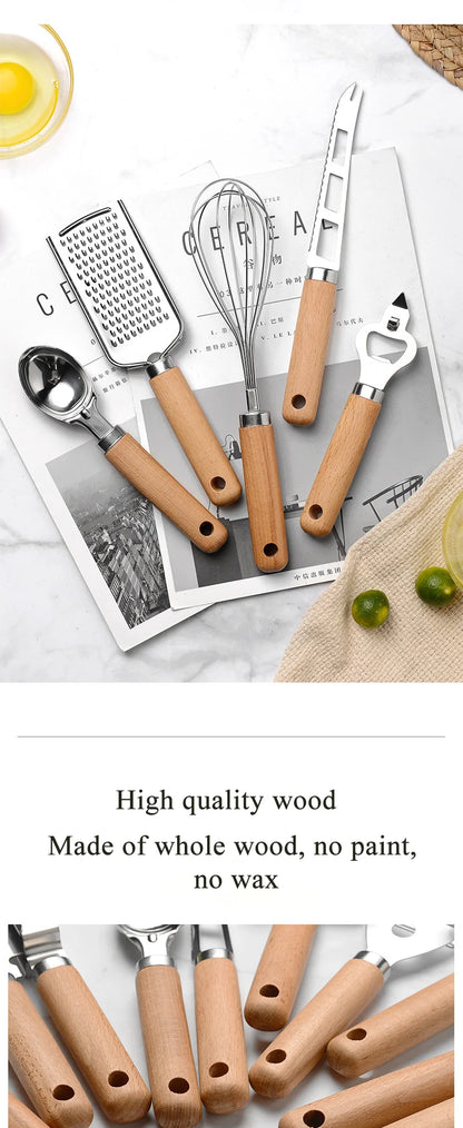 Kitchen gadget set of 9 pieces With Wooden Handle Can Opener Baking Set Cooking Tool Kitchenware Pizza Peeler Cheese Knife