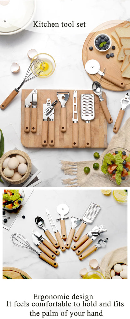 Kitchen gadget set of 9 pieces With Wooden Handle Can Opener Baking Set Cooking Tool Kitchenware Pizza Peeler Cheese Knife