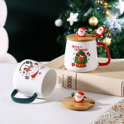 Souvenir Cute Christmas Gift Ceramic Mug with Lid and Spoon - High-value Santa Claus and Reindeer Pattern Coffee Mug