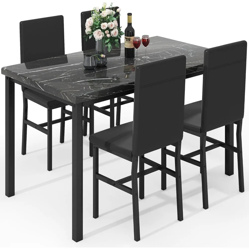 Dining Table Set for 4, 47in Kitchen Table and Chairs Set of 4, Faux Marble Dining Room Table Set with 4 PU Leather Chairs