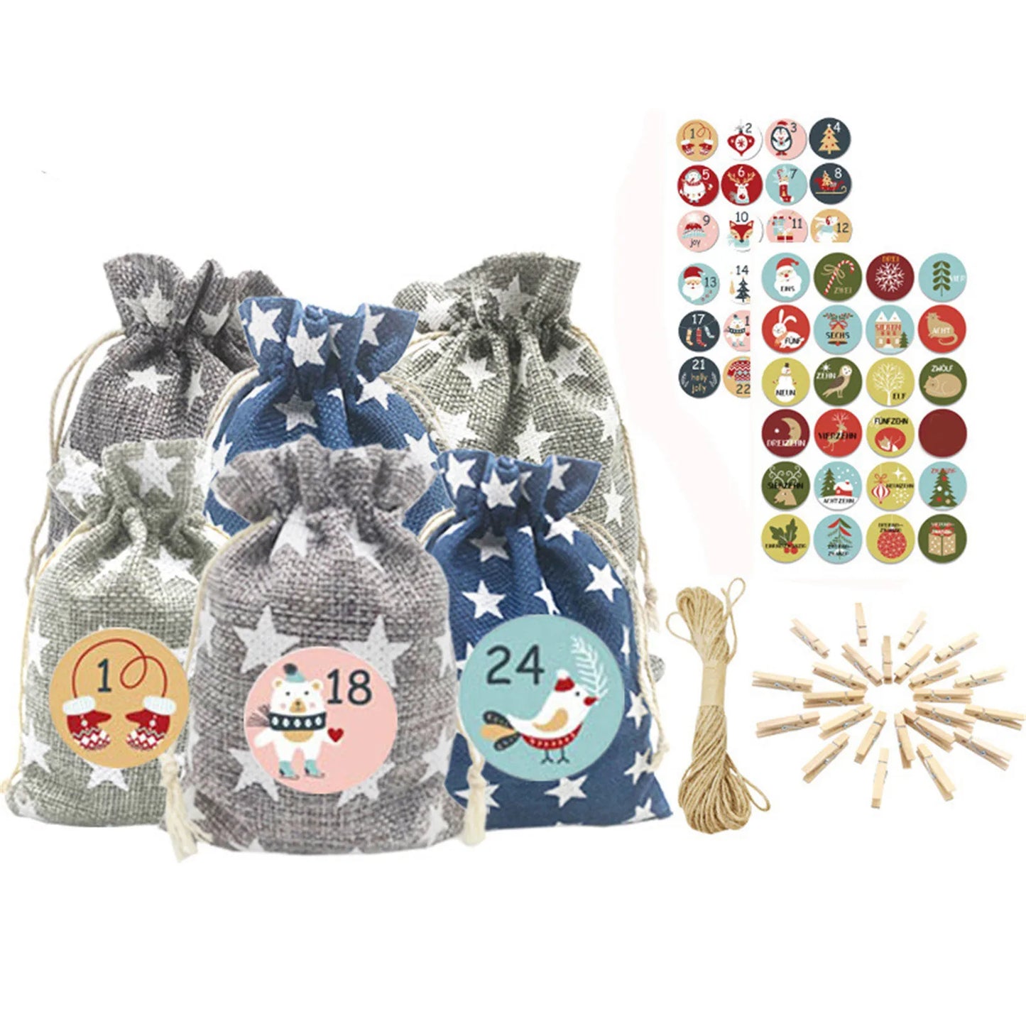 24pcs Digital Christmas Drawstring Burlap-Bag Advent Calendar Countdown