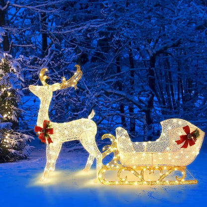 6 FT Christmas Lighted Reindeer & Santa’s Sleigh, Xmas Lighted Outdoor Yard Decoration W/ 215 LED Lights & 4 Ground Stakes