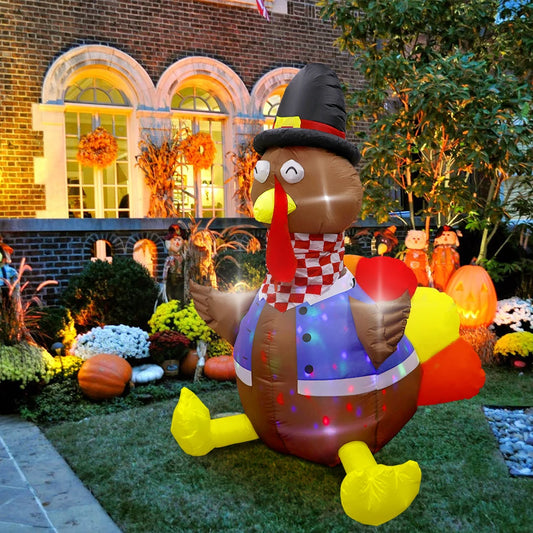 Thanksgiving Outdoor Decor Turkey Inflatable with Colorful Rotating LED Lights for Thanksgiving Inflatables Turkey Decorations