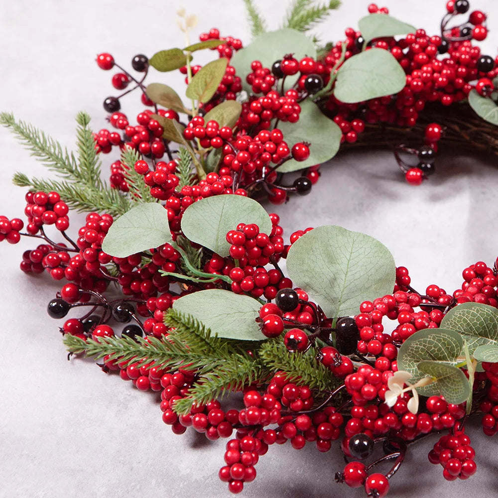 YeeNanee Christmas Decoration Wreaths for Front Door Handmade Cypress Leaf Red Berry Pine Wreath Xmas Home Wall Window Decor