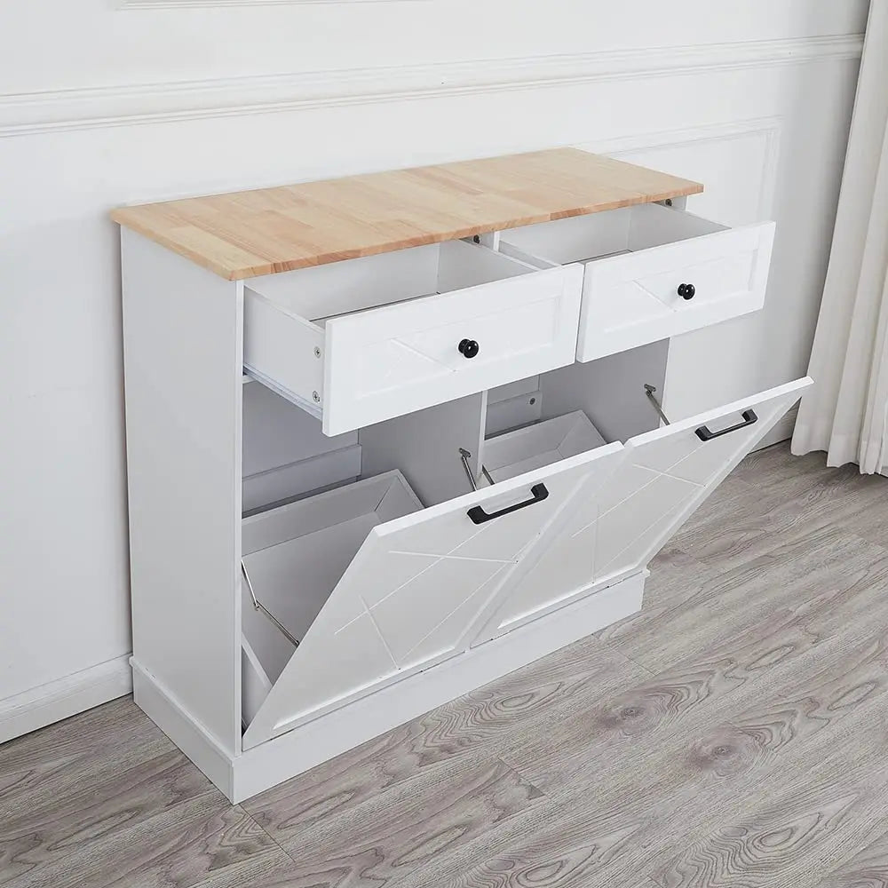 Kitchen Island Counter Trash Cabinet Wood White Trash Can Freestanding Tilt Out Trash Bin Holder for Kitchen Dining Room