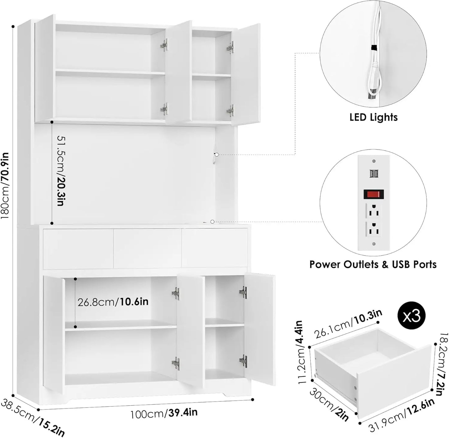 71'' Tall Kitchen Pantry Storage Cabinet with Power Outlets and Led Lights, Large Kitchen Hutch Buffet Cabinet W/ Stand