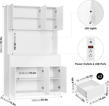 71'' Tall Kitchen Pantry Storage Cabinet with Power Outlets and Led Lights, Large Kitchen Hutch Buffet Cabinet W/ Stand