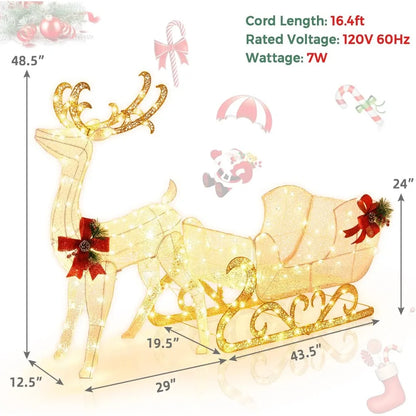 Christmas Lights Reindeer and Santa Claus Sled, Christmas Lights Outdoor Courtyard Decoration, Equipped with LED Lights