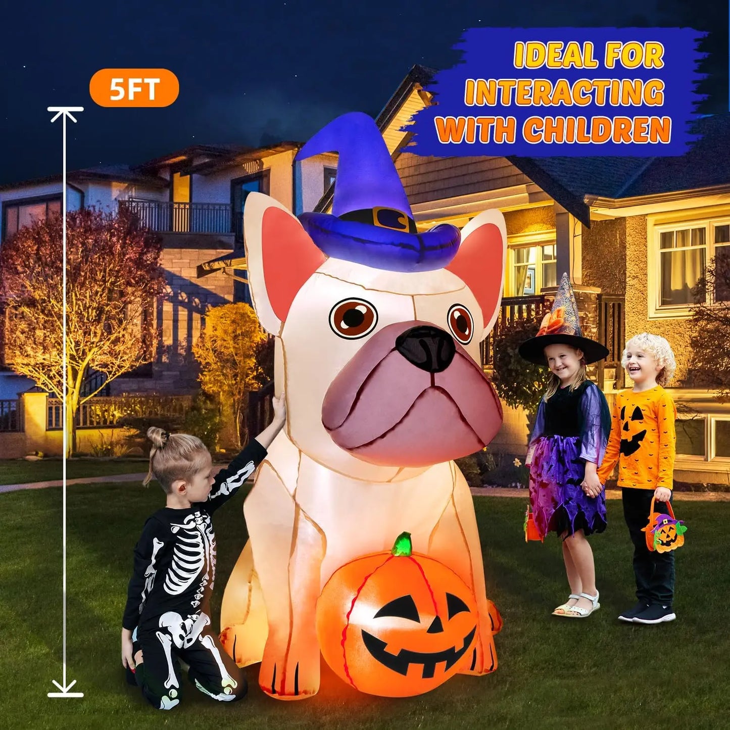 5Ft Halloween Inflatables Decorations Build-in Bright LEDs Blow Up Yard Pumpkin with Witch Hat Halloween Decorations Outdoor Cle