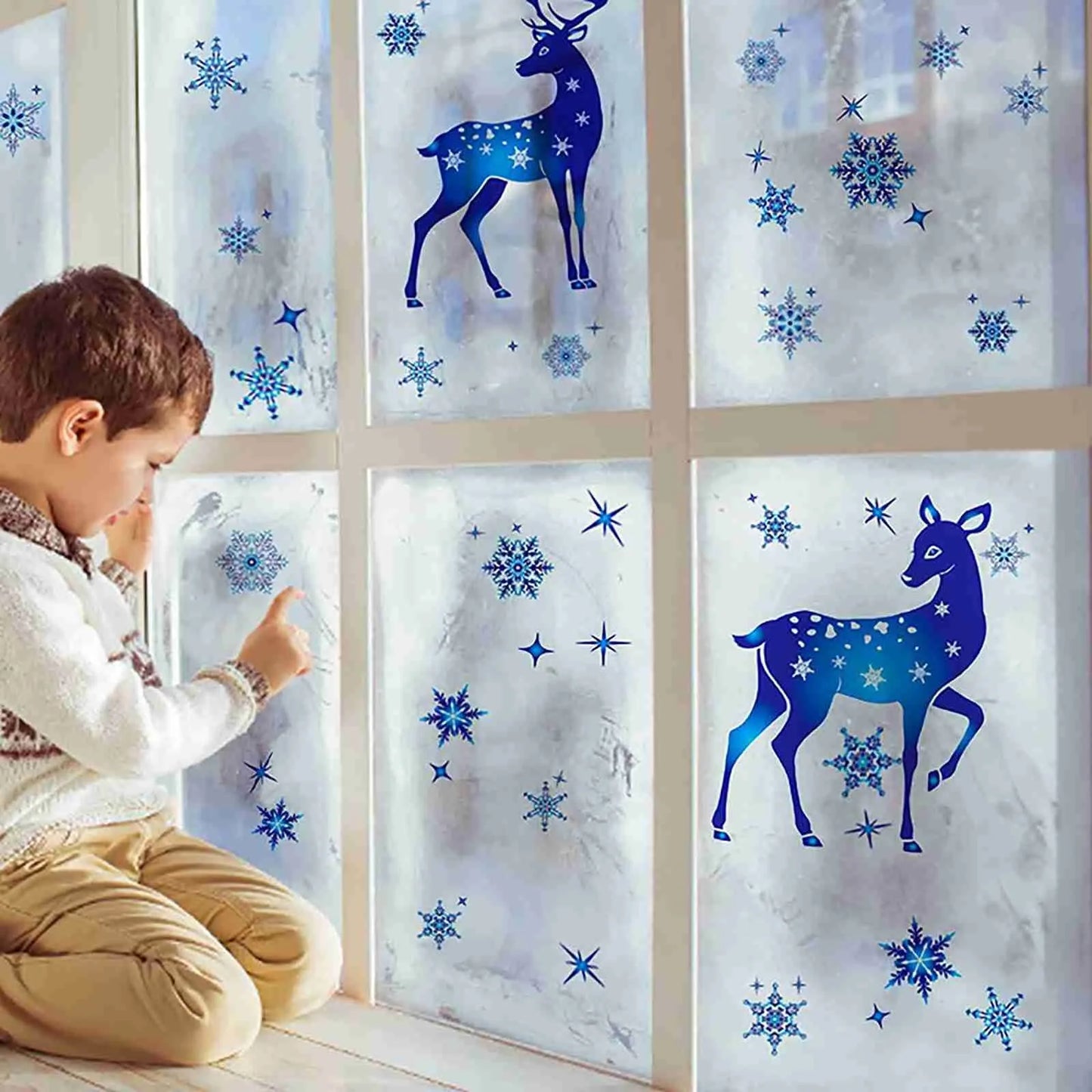 Christmas Blue Snowflake Stickers Blue Elk Snowflake Window Sticker New Year Glass Stickers Noel Stickers Merry Christmas Decor