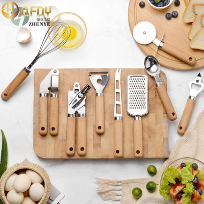 Kitchen gadget set of 9 pieces With Wooden Handle Can Opener Baking Set Cooking Tool Kitchenware Pizza Peeler Cheese Knife