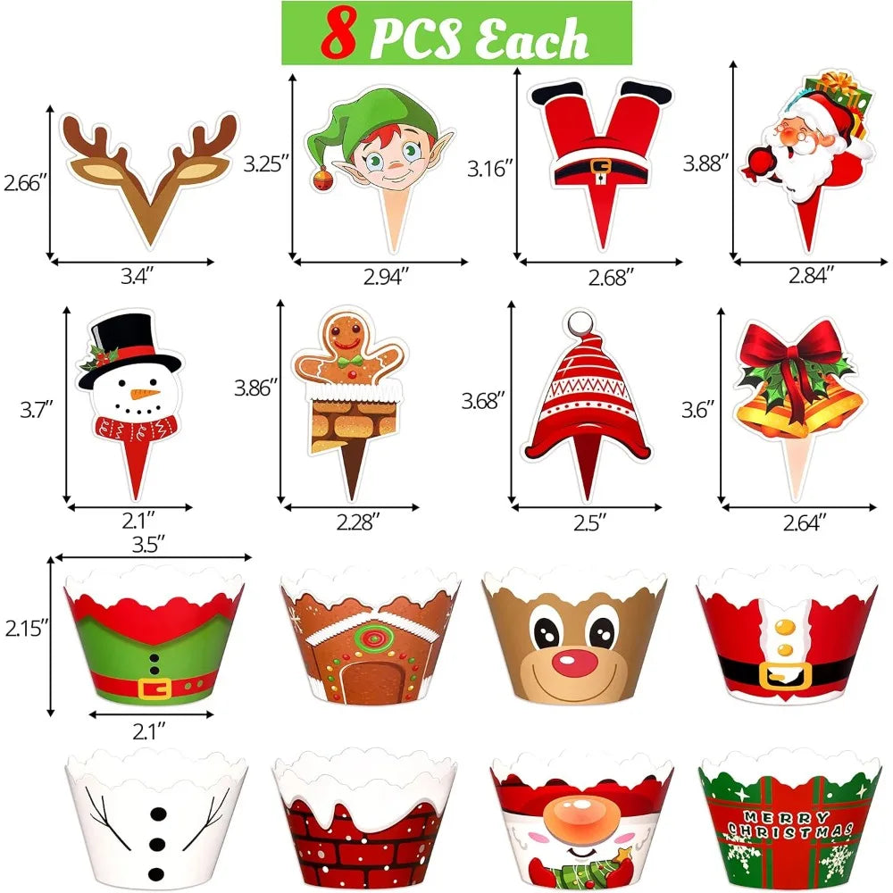 128PCS Christmas Cupcake Toppers Wrappers Santa Claus Snowman Reindeer Gingerbread Cake Decoration for Xmas Party  Baking Tools