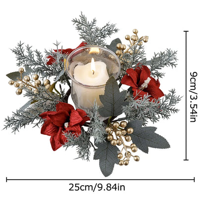 Christmas Candlestick Wreath Artificial Flowers Garland Candle Ring Xmas Table Decoration Candle Holder Wreath Xmas Home Decor