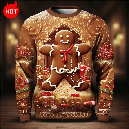 3D Printing Gingerbread Man Sweatshirts Vintage Happy Christmas Graphic Round Neck Hoodie Fashion Ugly Christmas Sweatshirt Tops