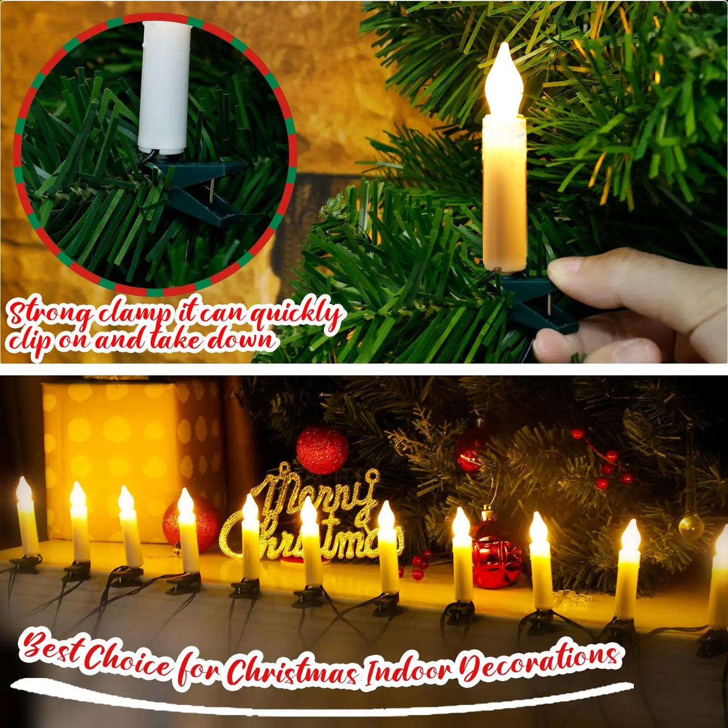 Christmas Candle String Lights 10 / 20/ 30 LED for Indoor and Outdoor Flameless Candle Lights with Clips for Xmas Tree Holiday