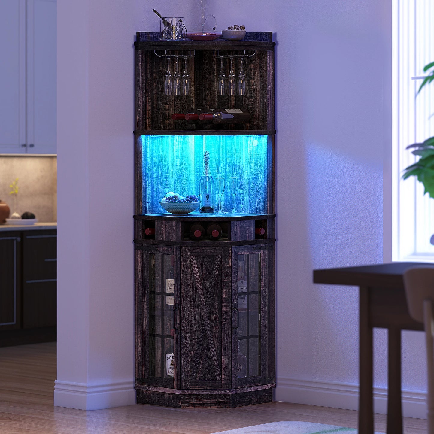 72" Corner Bar Cabinet w/ Glass Door & LED Lights 6-Tier Kitchen Alcohol Cabinet