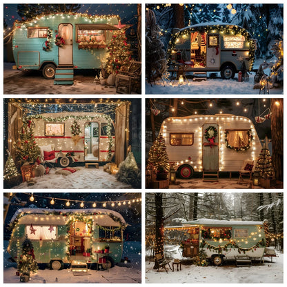 Winter Christmas Snowy Car Background Camping Forest Xmas Trees Gifts Wedding Decor Kids Family Portrait Backdrop Photo Studio