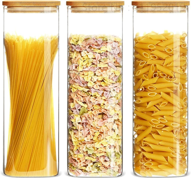 Glass Food Storage Jars with Bamboo Lids & Stackable Glass Pantry Food Canisters