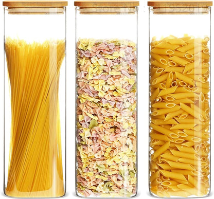 Glass Food Storage Jars with Bamboo Lids & Stackable Glass Pantry Food Canisters