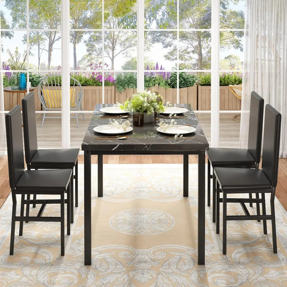 Dining Table Set for 4, 47in Kitchen Table and Chairs Set of 4, Faux Marble Dining Room Table Set with 4 PU Leather Chairs