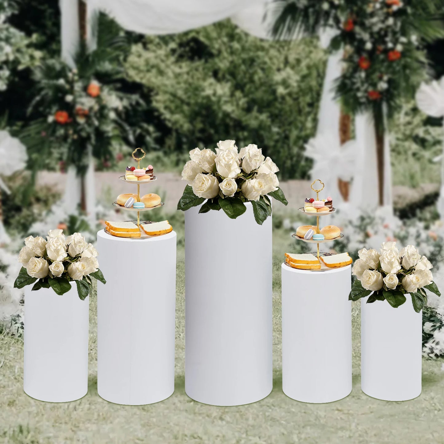 5Pcs Cylinder Metal Pedestal Stand White Cake Plinths Backdrop Flower Column Dessert Table for Party Wedding  Birthday Decor