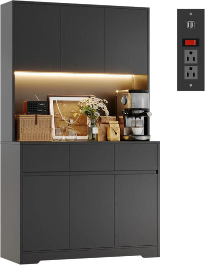 71'' Tall Kitchen Pantry Storage Cabinet with Power Outlets and Led Lights, Large Kitchen Hutch Buffet Cabinet W/ Stand