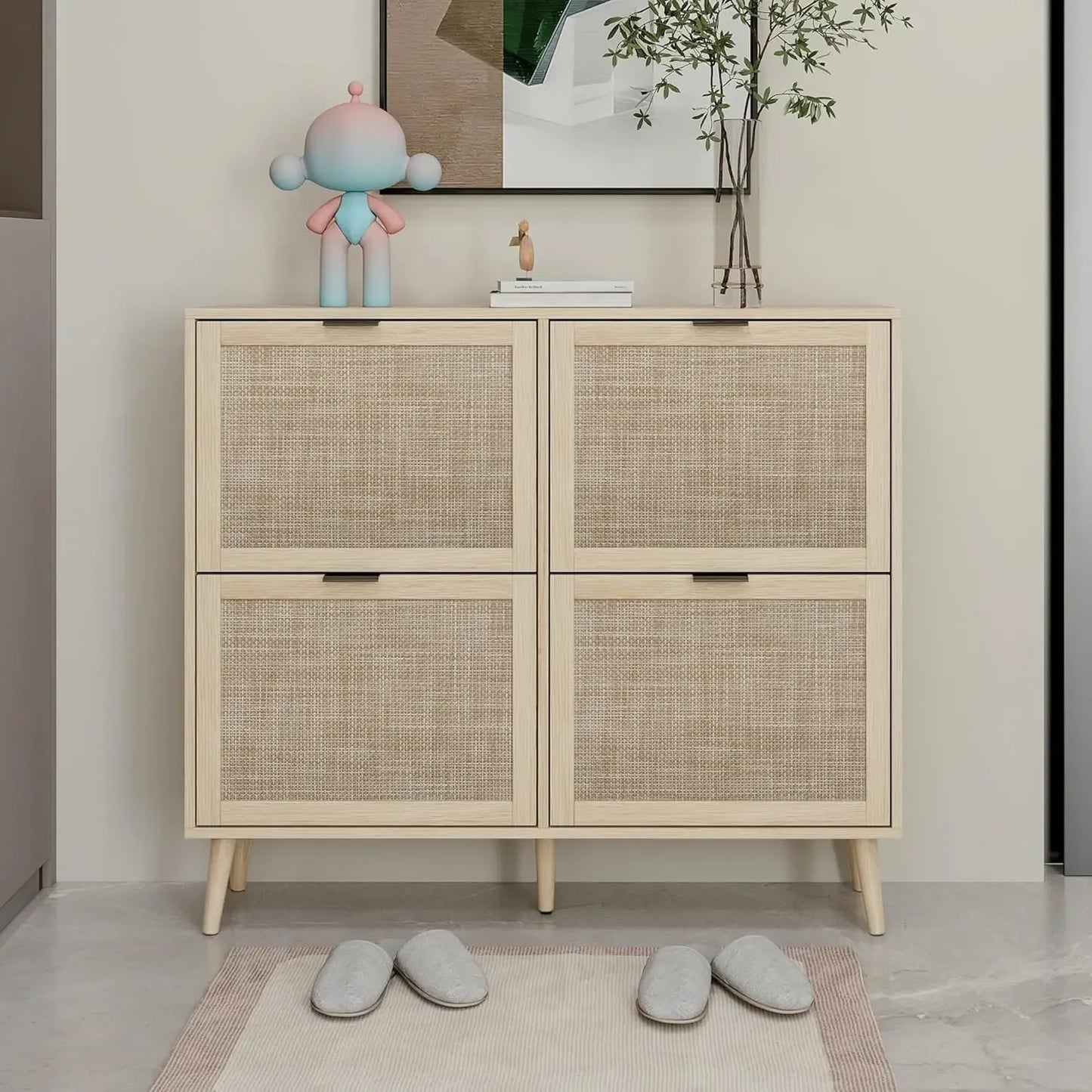 Rattan Shoe Cabinet with 4 Flip Drawers