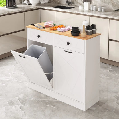 Kitchen Island Counter Trash Cabinet Wood White Trash Can Freestanding Tilt Out Trash Bin Holder for Kitchen Dining Room