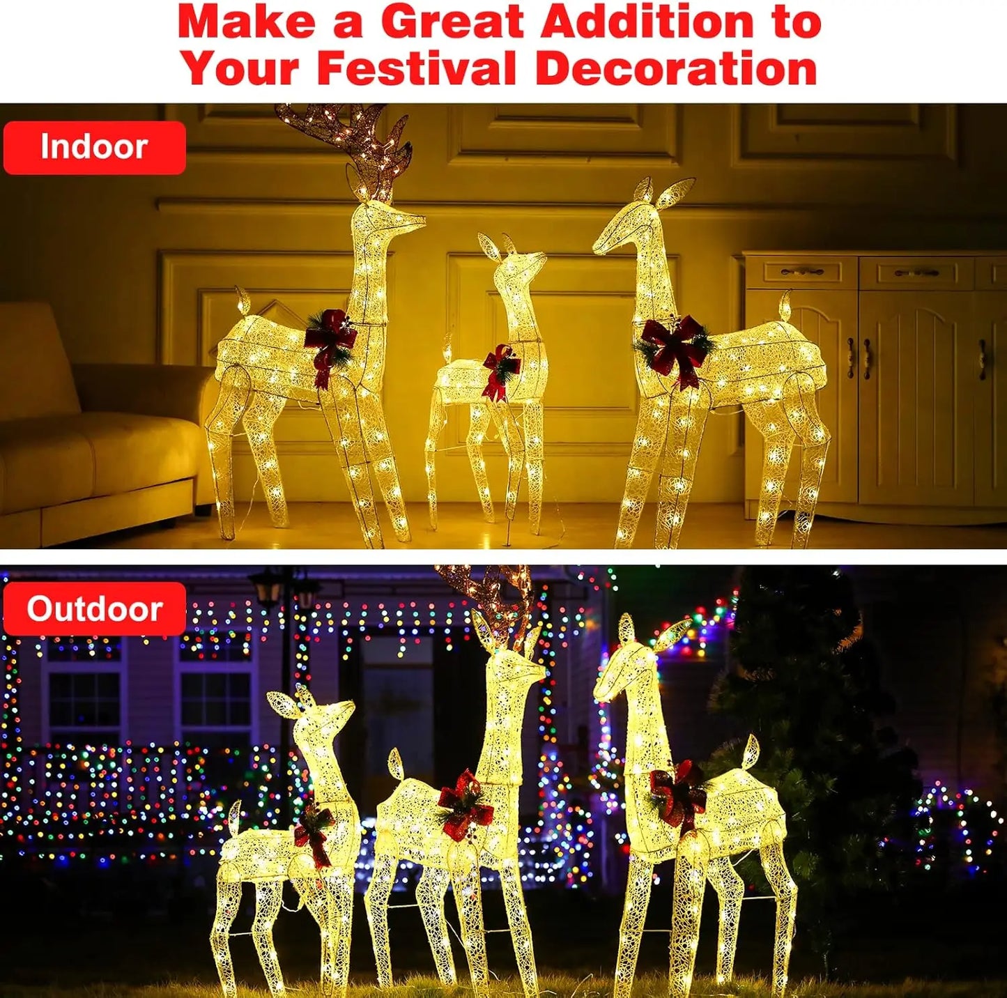 3-PCS Christmas Lighted Reindeer for Outdoor Yard Christmas Glowing Decoration with 230 LED Lights, Battery Box