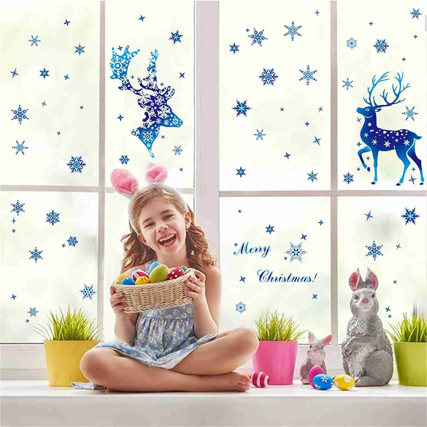 Christmas Blue Snowflake Stickers Blue Elk Snowflake Window Sticker New Year Glass Stickers Noel Stickers Merry Christmas Decor