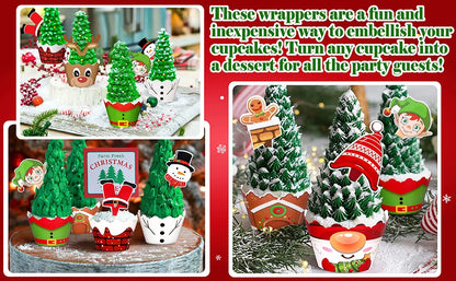 128PCS Christmas Cupcake Toppers Wrappers Santa Claus Snowman Reindeer Gingerbread Cake Decoration for Xmas Party  Baking Tools