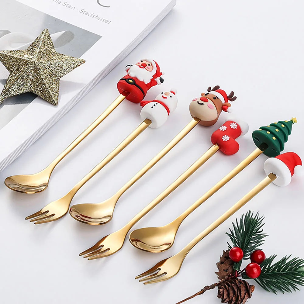 Xmas Party Fork Spoon Kits 4/6Pcs Christmas Stainless Steel Creative Tableware Set Glod Spoon Forks Decoration Cutlery Gift